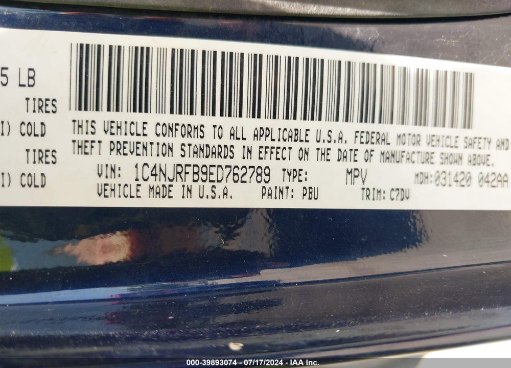 2014 JEEP PATRIOT LATITUDE VIN: 1C4NJRFB9ED762789