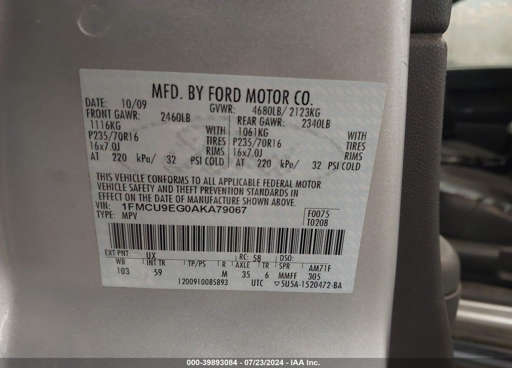 2010 FORD ESCAPE LIMITED VIN: 1FMCU9EG0AKA79067