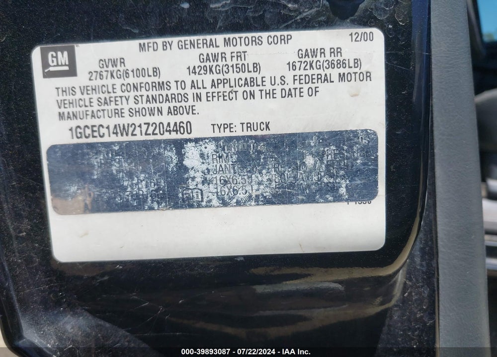 2001 CHEVROLET SILVERADO 1500 VIN: 1GCEC14W21Z204460