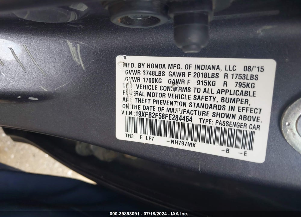 2015 HONDA CIVIC LX VIN: 19XFB2F58FE284464