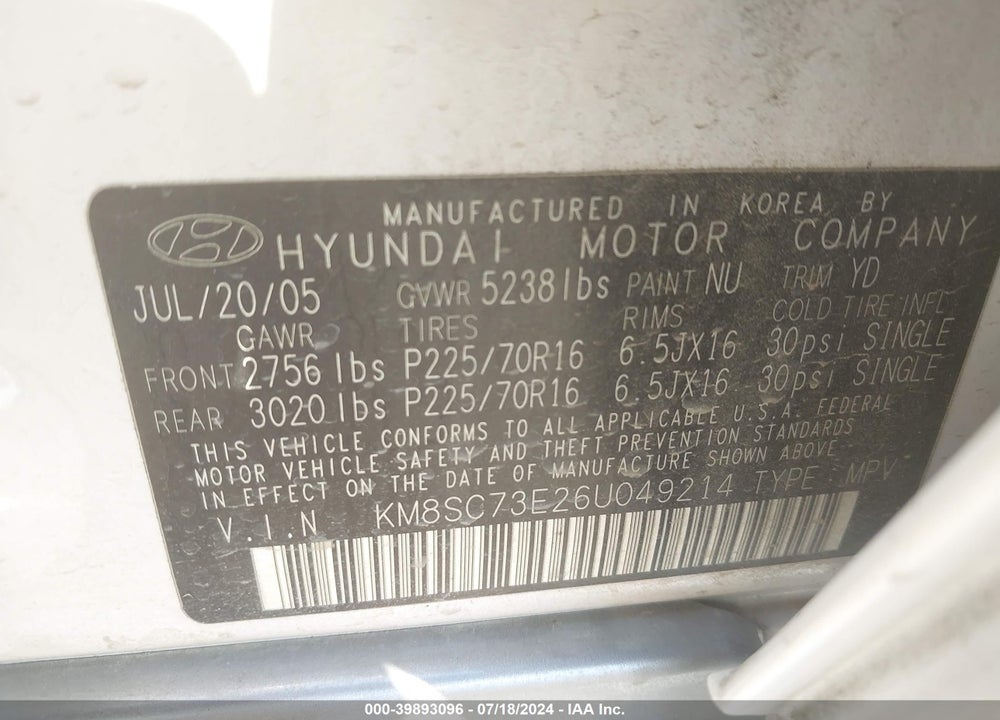 2006 HYUNDAI SANTA FE GLS/LIMITED VIN: KM8SC73E26U049214