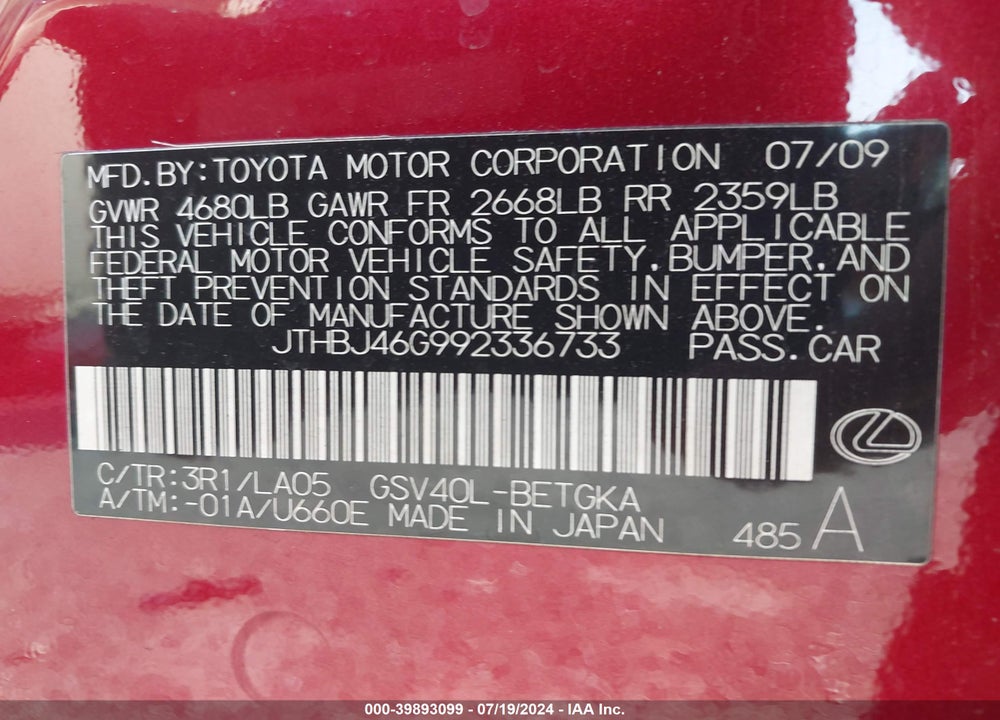 2009 LEXUS ES 350 VIN: JTHBJ46G992336733