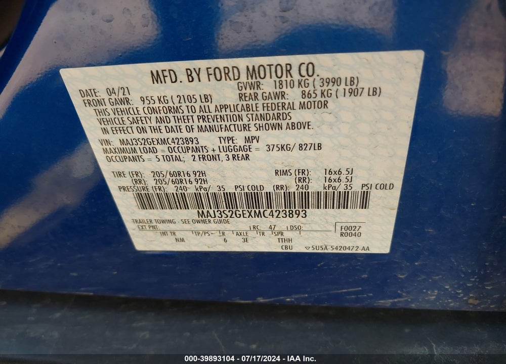 2021 FORD ECOSPORT VIN: MAJ3S2GEXMC423893