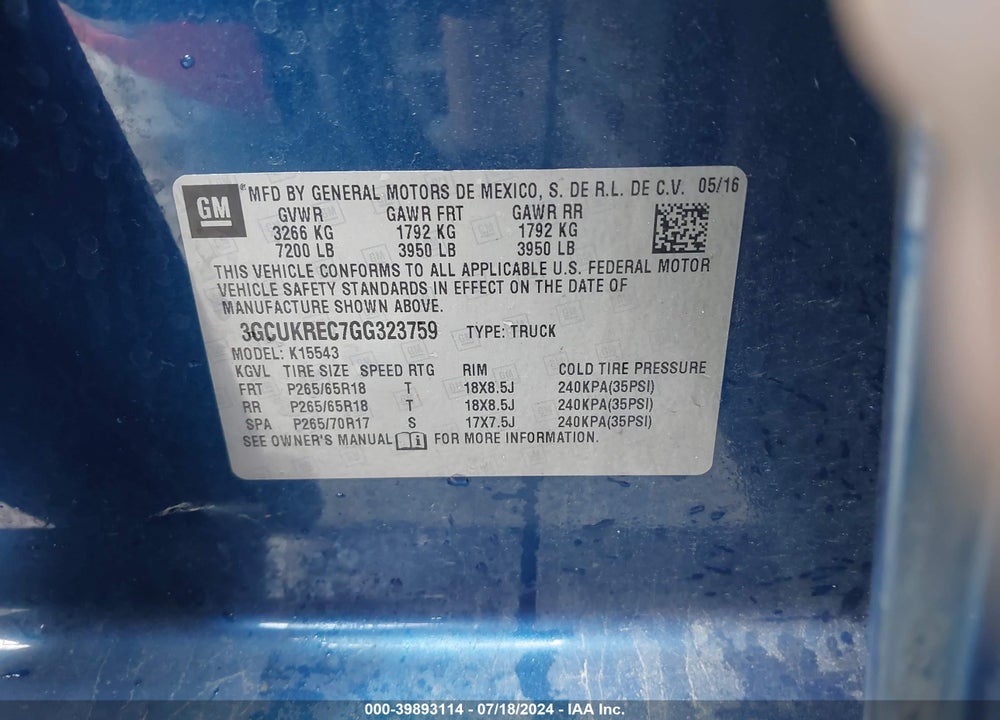2016 CHEVROLET SILVERADO 1500 2LT VIN: 3GCUKREC7GG323759
