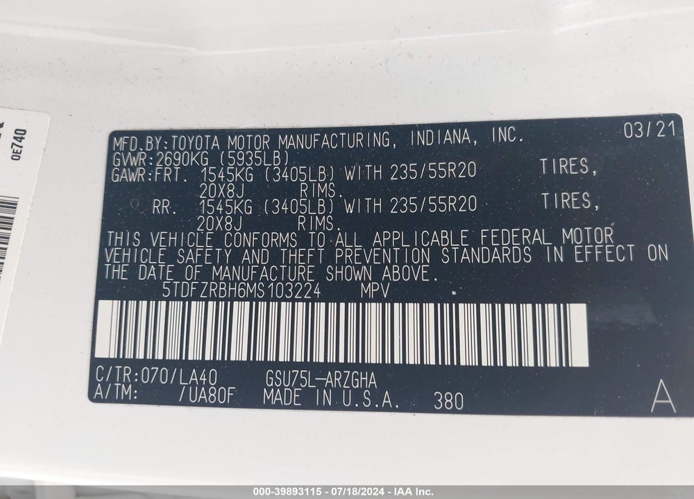 2021 TOYOTA HIGHLANDER PLATINUM VIN: 5TDFZRBH6MS103224