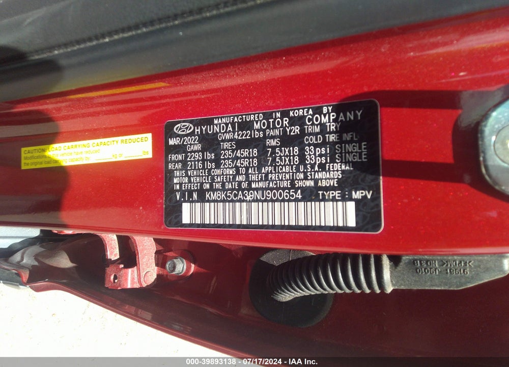 2022 HYUNDAI KONA LIMITED VIN: KM8K5CA39NU900654