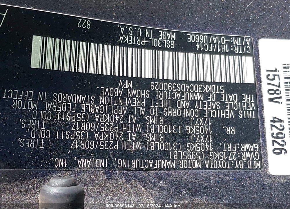 2013 TOYOTA SIENNA LE V6 8 PASSENGER VIN: 5TDKK3DC4DS390029
