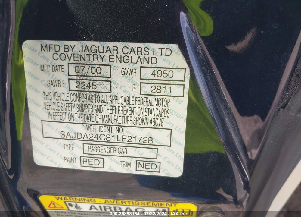 2001 JAGUAR XJ8 VANDEN PLAS VIN: SAJDA24C81LF21728