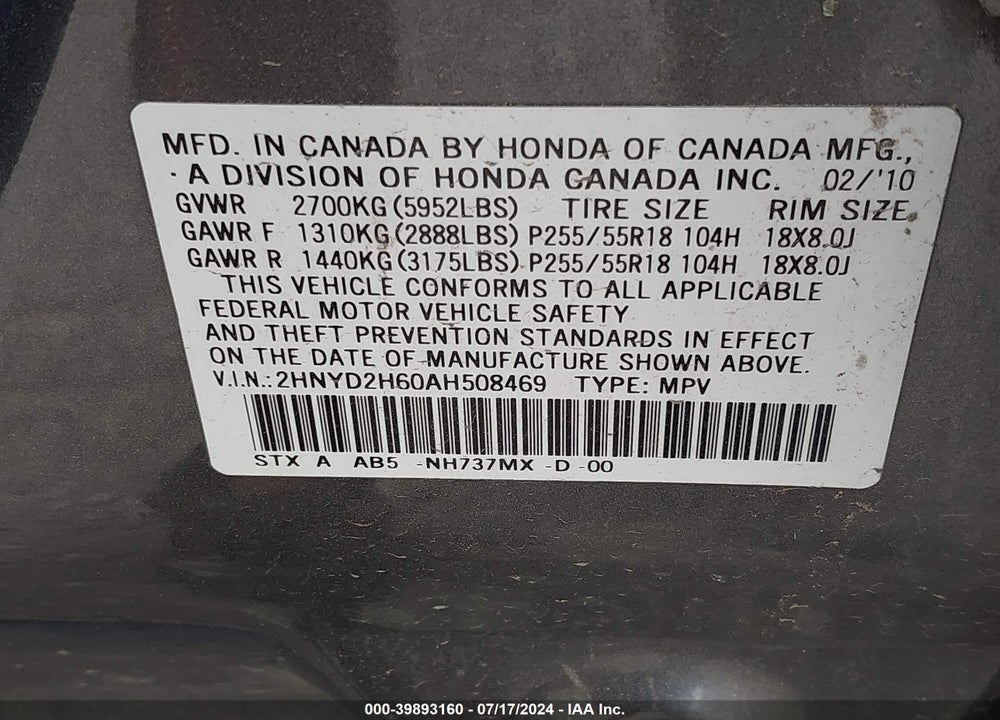2010 ACURA MDX TECHNOLOGY PACKAGE VIN: 2HNYD2H60AH508469