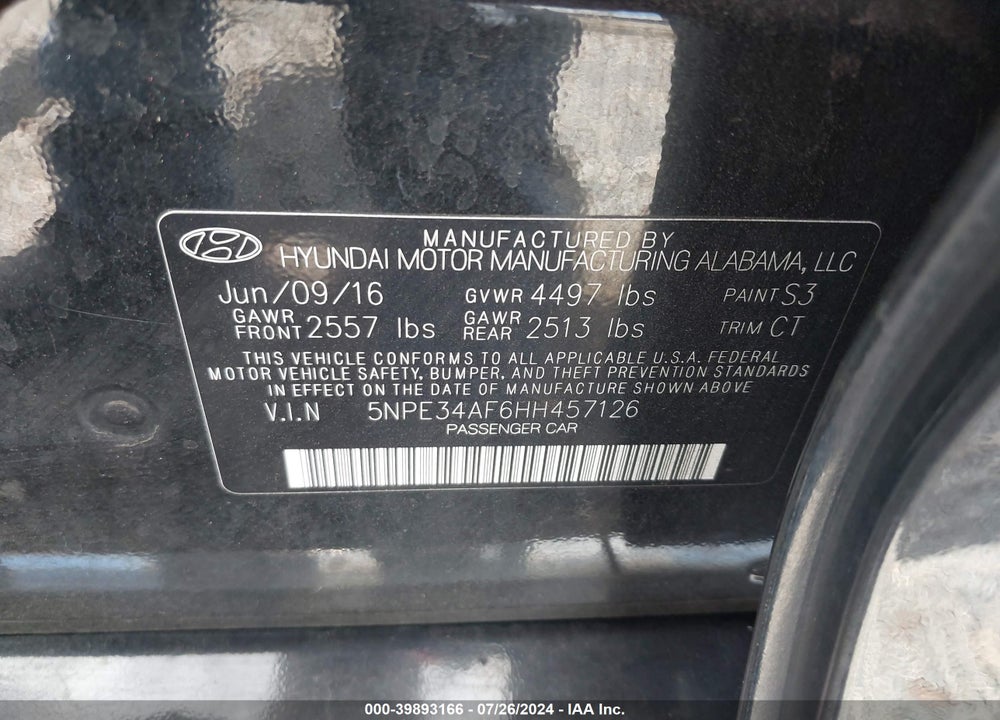 2017 HYUNDAI SONATA SPORT VIN: 5NPE34AF6HH457126
