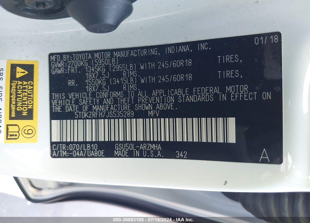 2018 TOYOTA HIGHLANDER XLE VIN: 5TDKZRFH7JS535289