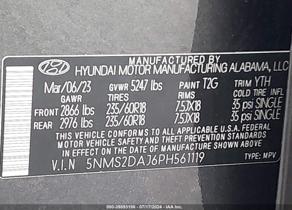 2023 HYUNDAI SANTA FE SEL VIN: 5NMS2DAJ6PH561119