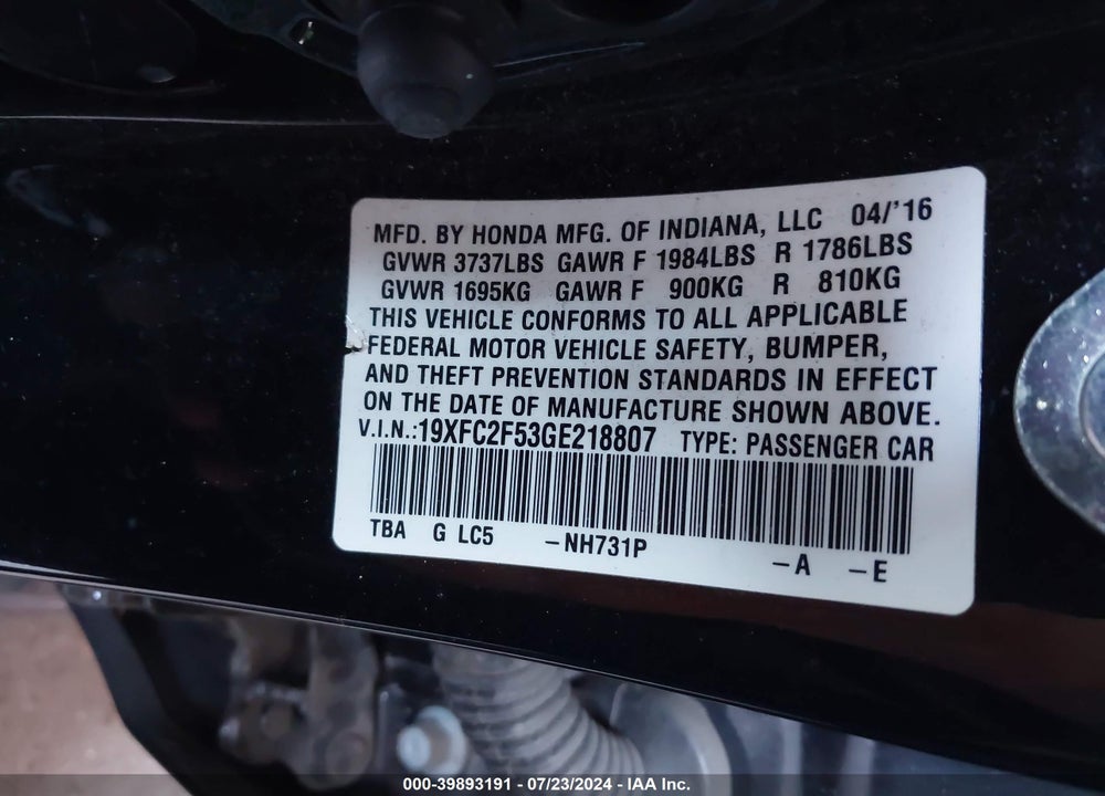 2016 HONDA CIVIC LX VIN: 19XFC2F53GE218807