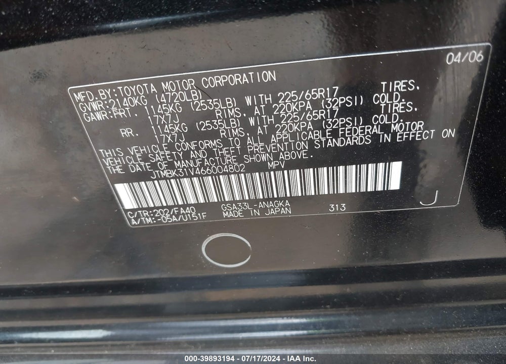 2006 TOYOTA RAV4 LIMITED V6 VIN: JTMBK31V466004802