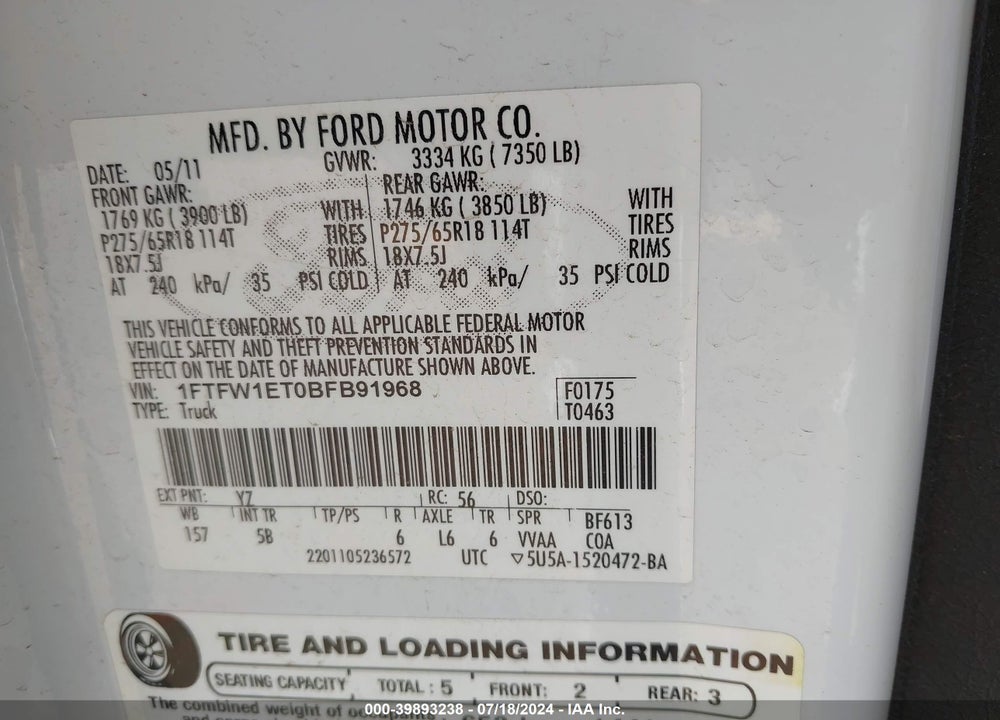 2011 FORD F-150 FX4 VIN: 1FTFW1ET0BFB91968