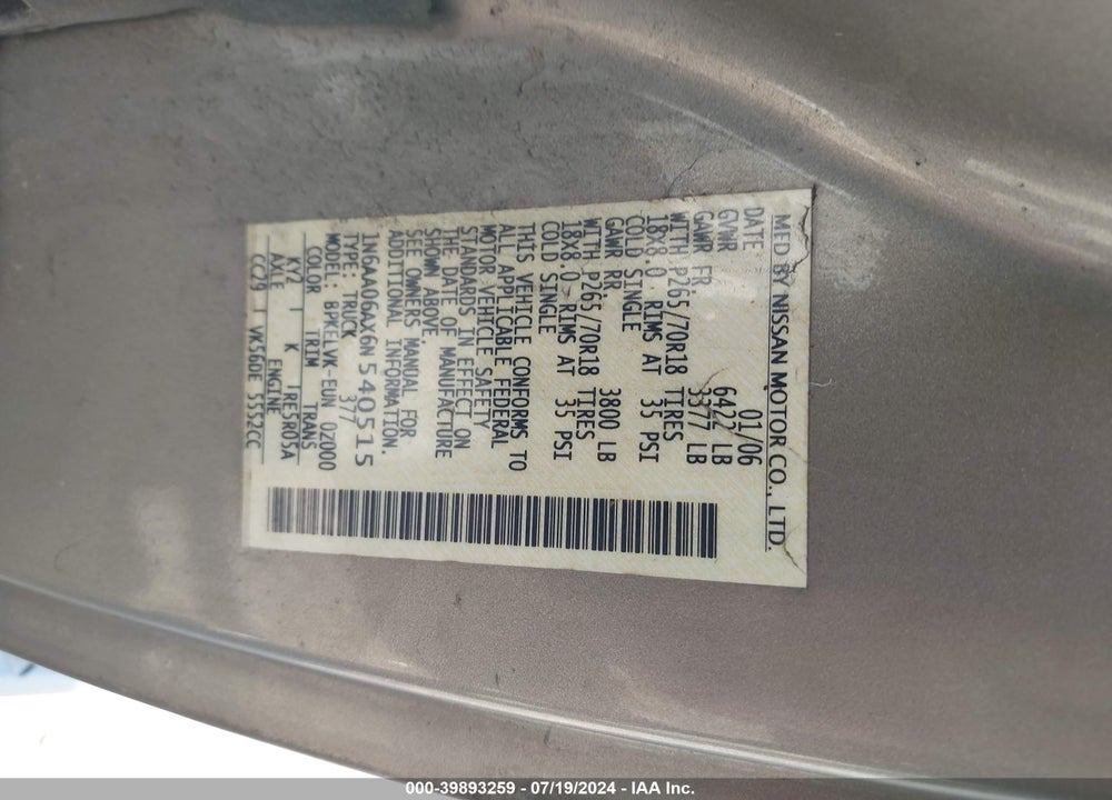 2006 NISSAN TITAN LE VIN: 1N6AA06AX6N540515