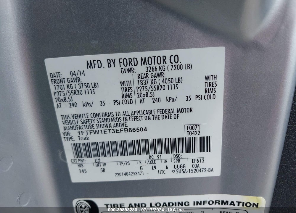 2014 FORD F-150 FX4 VIN: 1FTFW1ET3EFB66504