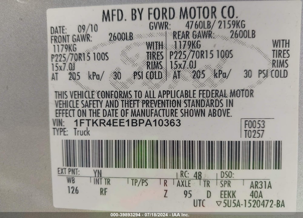 2011 FORD RANGER XLT VIN: 1FTKR4EE1BPA10363