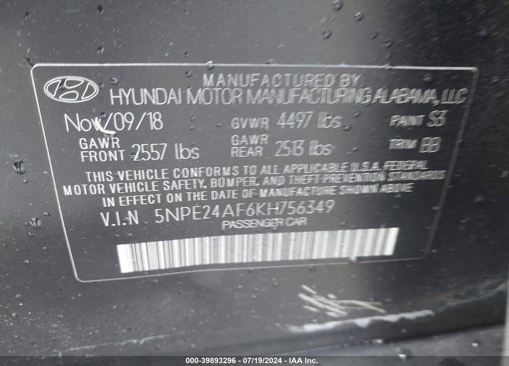 2019 HYUNDAI SONATA SE VIN: 5NPE24AF6KH756349