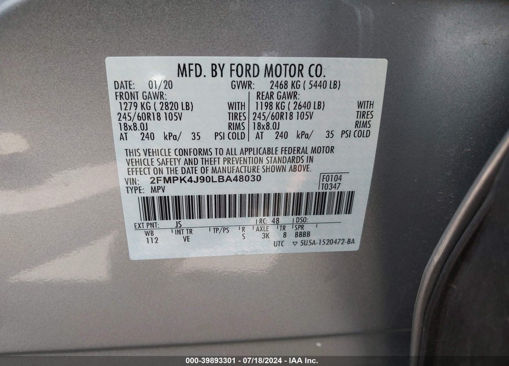 2020 FORD EDGE SEL VIN: 2FMPK4J90LBA48030