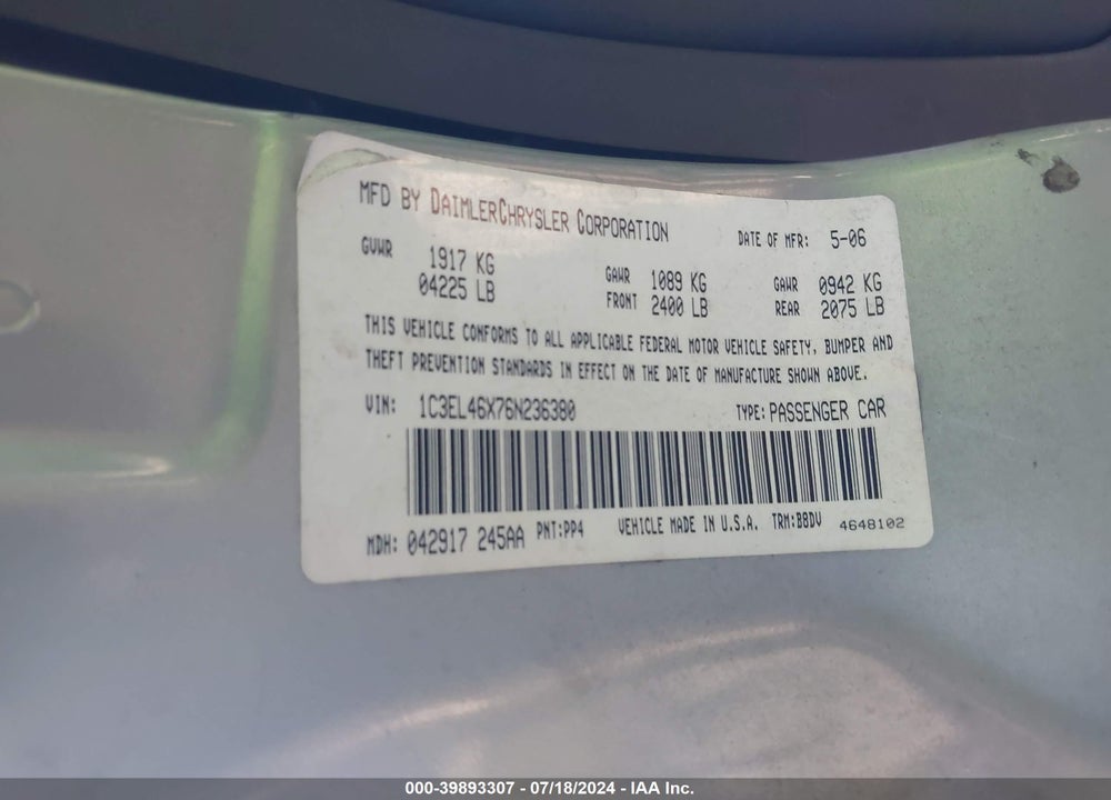 2006 CHRYSLER SEBRING VIN: 1C3EL46X76N236380