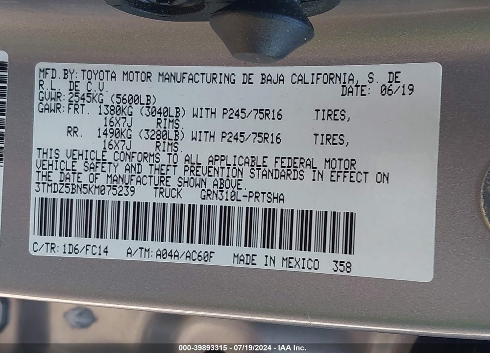 2019 TOYOTA TACOMA SR5 V6 VIN: 3TMDZ5BN5KM075239