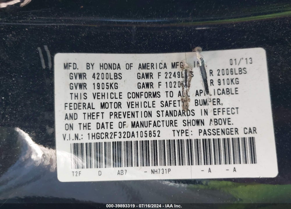 2013 HONDA ACCORD LX VIN: 1HGCR2F32DA105852