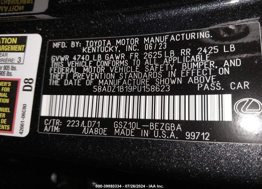 2023 LEXUS ES 350 VIN: 58ADZ1B19PU158623