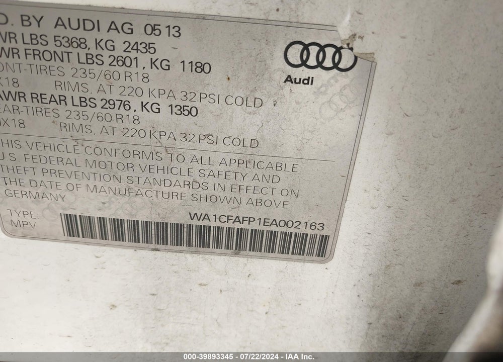 2014 AUDI Q5 2.0T PREMIUM VIN: WA1CFAFP1EA002163
