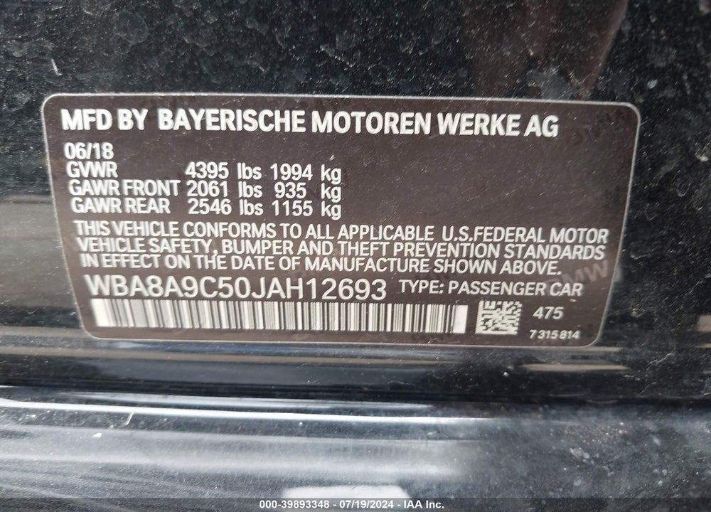2018 BMW 320I VIN: WBA8A9C50JAH12693