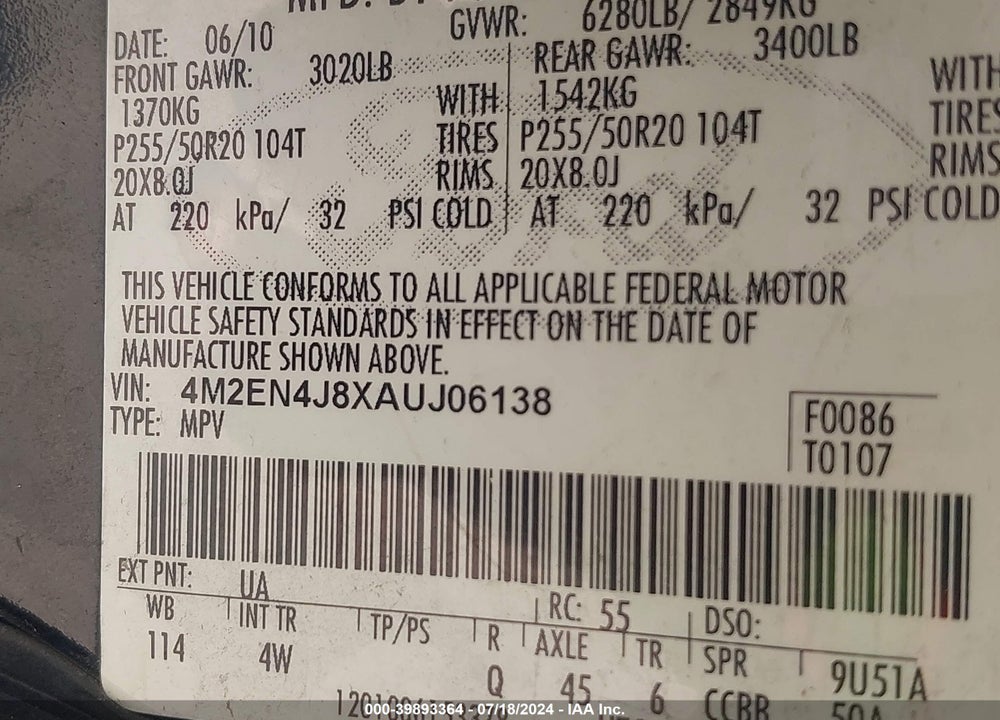 2010 MERCURY MOUNTAINEER PREMIER VIN: 4M2EN4J8XAUJ06138