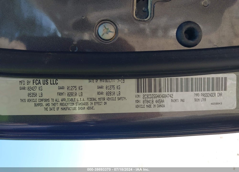 2019 DODGE CHALLENGER SXT AWD VIN: 2C3CDZGG4KH684742