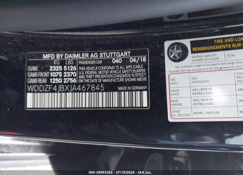 2018 MERCEDES-BENZ E 300 VIN: WDDZF4JBXJA467845