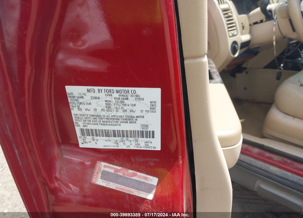 2011 FORD ESCAPE LIMITED VIN: 1FMCU0E78BKA92419