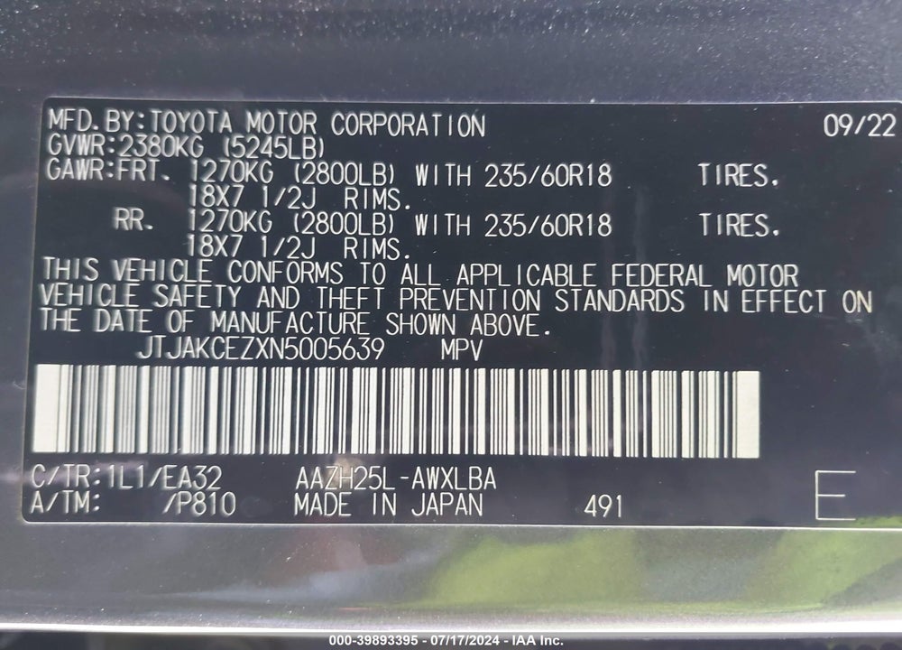 2022 LEXUS NX 350H VIN: JTJAKCEZXN5005639