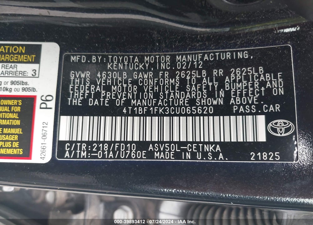 2012 TOYOTA CAMRY VIN: 4T1BF1FK3CU065620