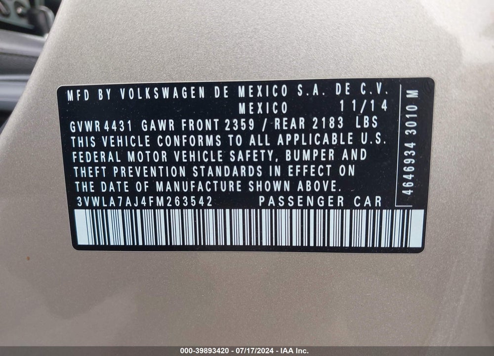 2015 VOLKSWAGEN JETTA 2.0L TDI SE VIN: 3VWLA7AJ4FM263542