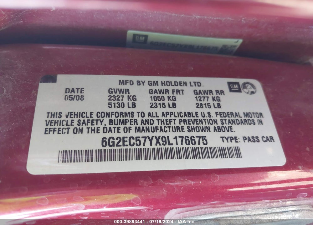 2009 PONTIAC G8 GT VIN: 6G2EC57YX9L176675