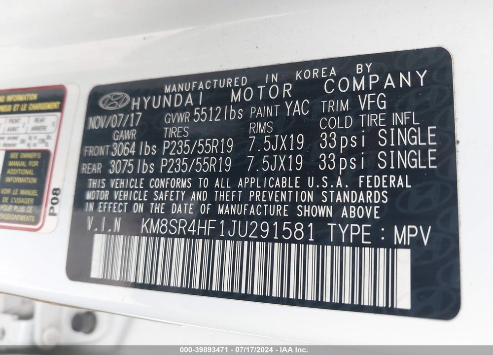 2018 HYUNDAI SANTA FE SE ULTIMATE VIN: KM8SR4HF1JU291581