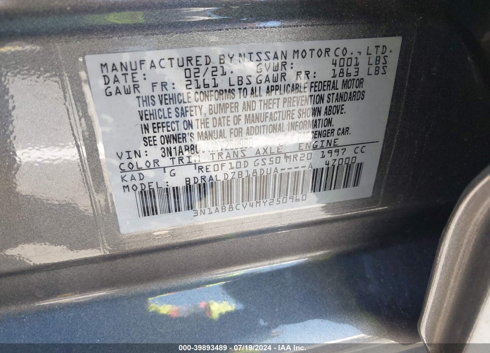 2021 NISSAN SENTRA SV XTRONIC CVT VIN: 3N1AB8CV4MY250960