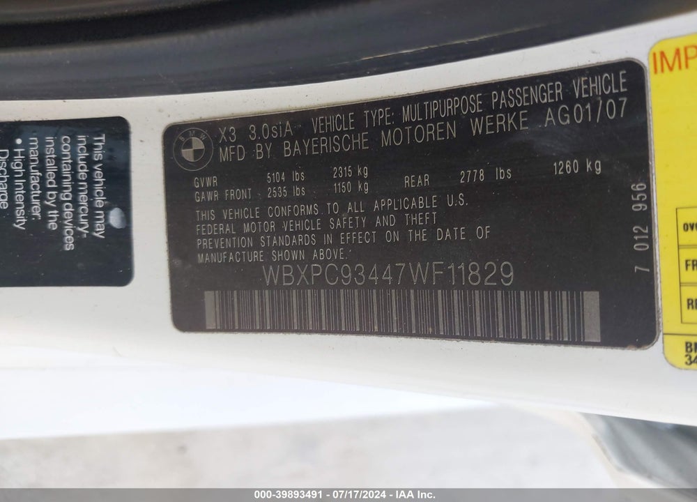 2007 BMW X3 3.0SI VIN: WBXPC93447WF11829