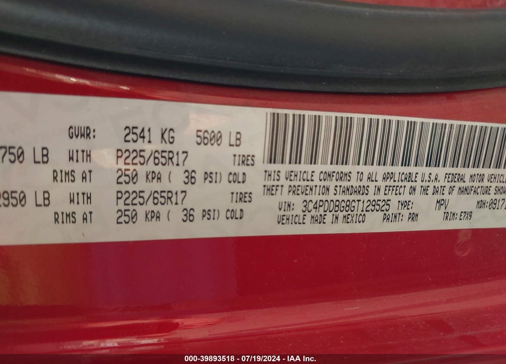 2016 DODGE JOURNEY SXT VIN: 3C4PDDBG8GT129525