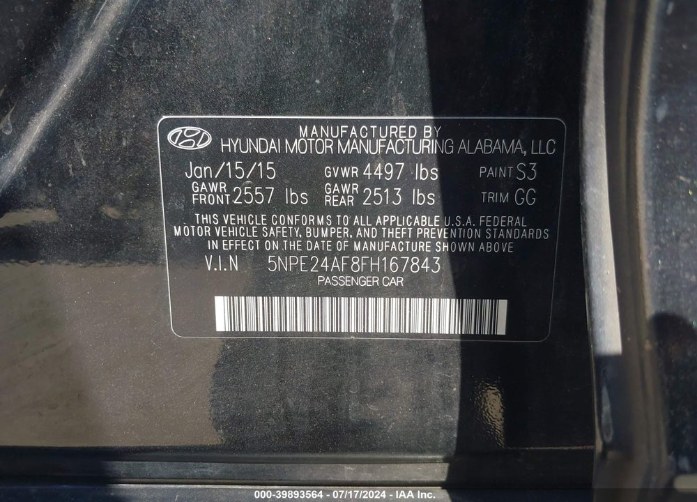 2015 HYUNDAI SONATA SE VIN: 5NPE24AF8FH167843