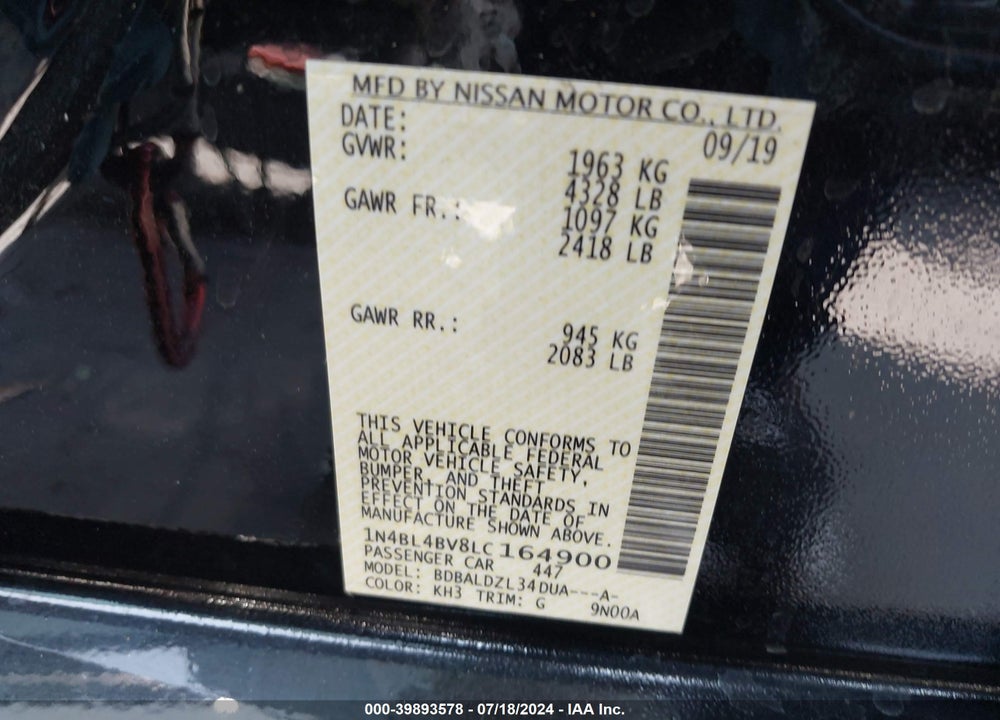 2020 NISSAN ALTIMA S FWD VIN: 1N4BL4BV8LC164900