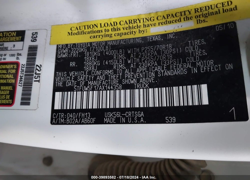 2010 TOYOTA TUNDRA VIN: 5TFUW5F17AX144358
