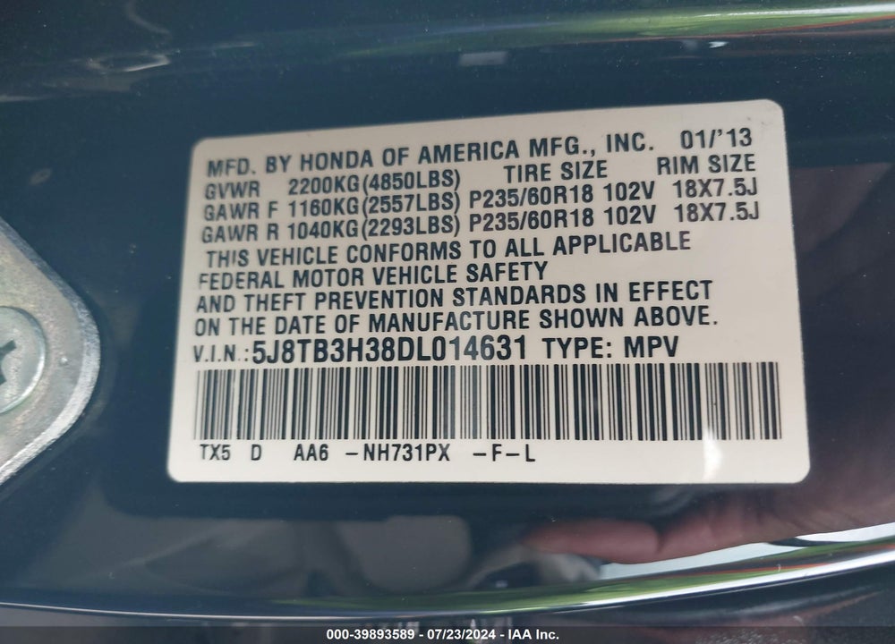 2013 ACURA RDX VIN: 5J8TB3H38DL014631