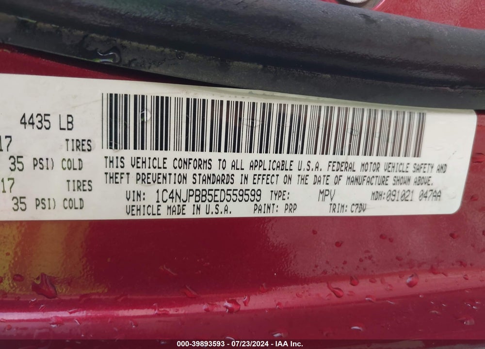 2014 JEEP PATRIOT SPORT VIN: 1C4NJPBB5ED559599