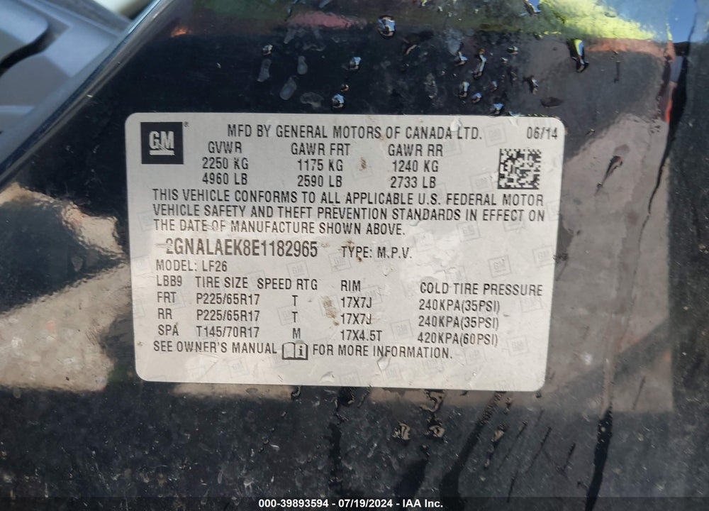 2014 CHEVROLET EQUINOX LS VIN: 2GNALAEK8E1182965