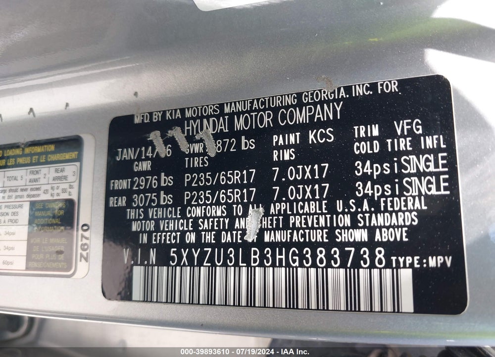 2017 HYUNDAI SANTA FE SPORT 2.4L VIN: 5XYZU3LB3HG383738
