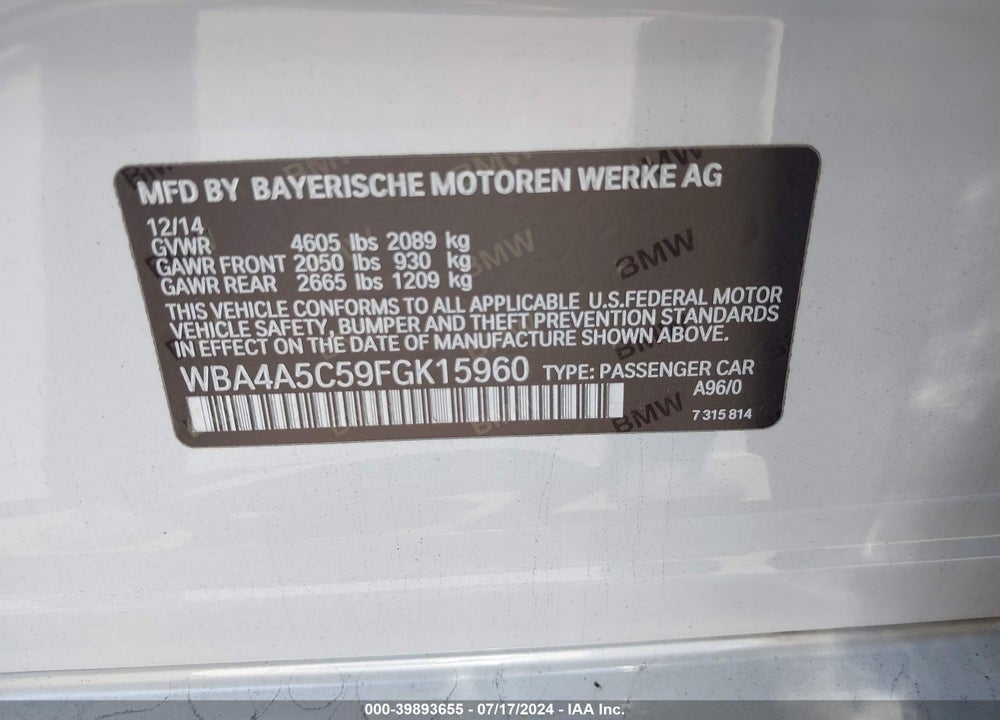 2015 BMW 428 GRAN COUPE VIN: WBA4A5C59FGK15960